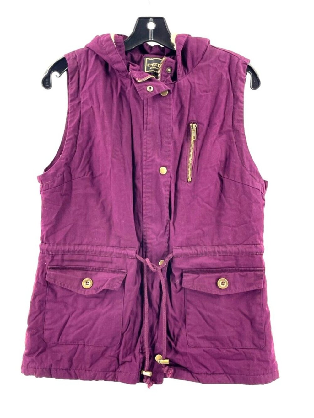 C'est Toi Purple Hooded Sleeveless Faux Fur Lined Vest Jacket Pockets Size Large